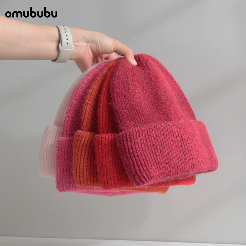 Foreign trade solid color autumn and winter warm rabbit hair knitted hat children's double-layer flanging cold hat 2024 autumn and winter new simple