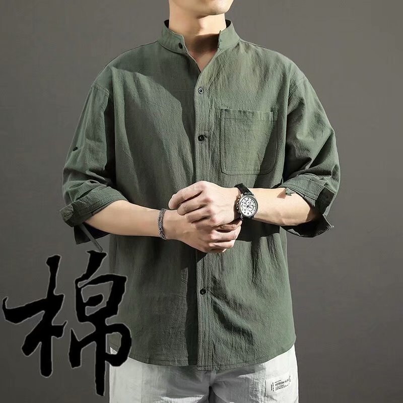 Camisa de lino de los hombres de manga corta verano nuevo estilo coreano de moda casual capa superior 3/4 manga algodón y camisa de lino