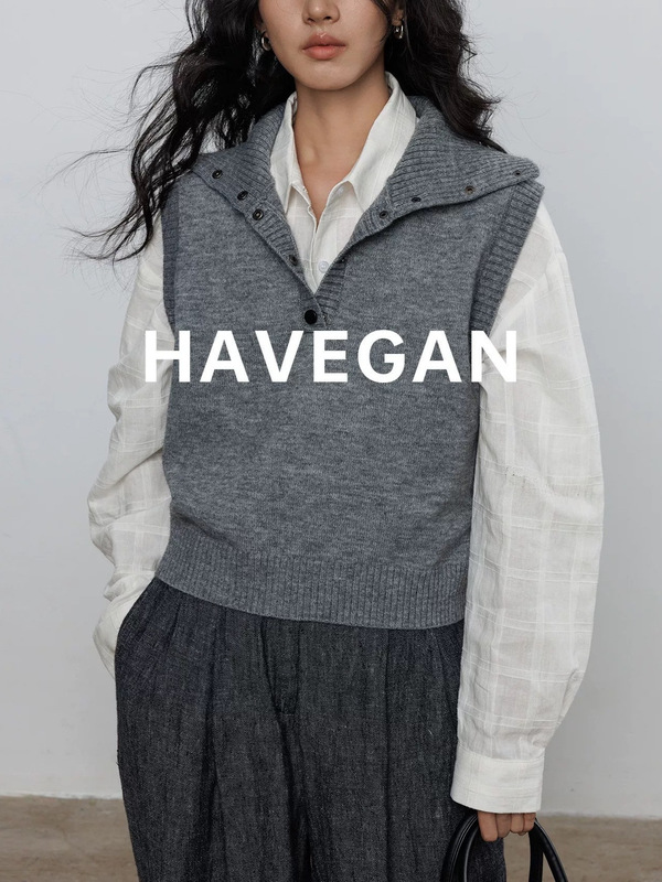 与间HAVEGAN/秋季翻领无袖针织毛衣背心女老钱风软糯马甲外穿上衣|undefined