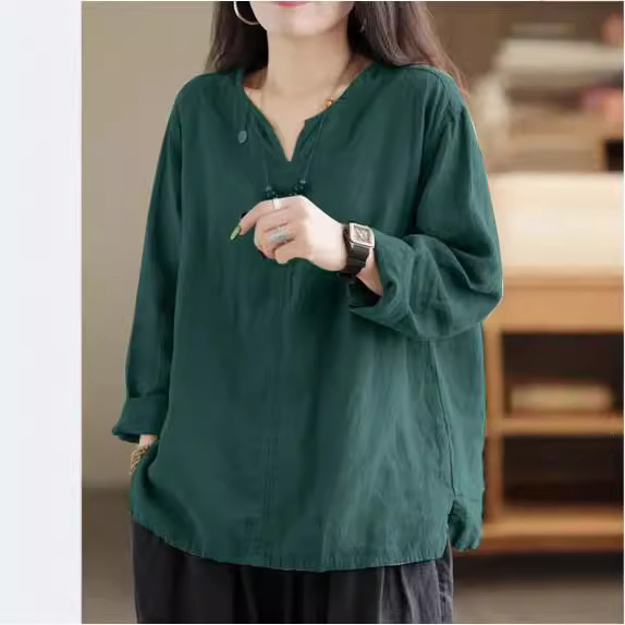 in stock Cross-border Retro Cotton Shirt 2025 Spring and Autumn Women's Casual Loose V-neck Long Sleeve Split Work Shirt
