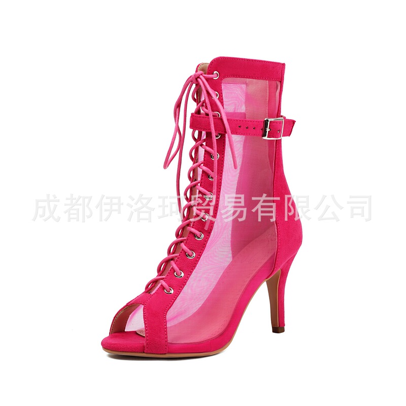 Jazz Dance High-Heeled Shoes, Fish-Mouth Mesh Cut-Out Short Boots, Heels, Special Dance Shoes, Jazz Dance Strappy Sandals