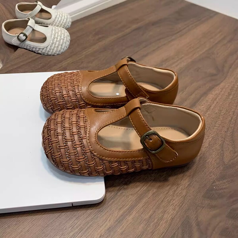 2026 Woven Hollow Breathable T-Strap Academy Style Children's Single Shoes for Girls, Little Leather Shoes, Shallow Princess Loafers