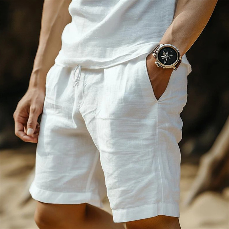 Short pour homme, taille élastique, cordon de serrage, coupe droite, couleur unie, respirant, pour la plage, cinq points, décontracté_voghion.com