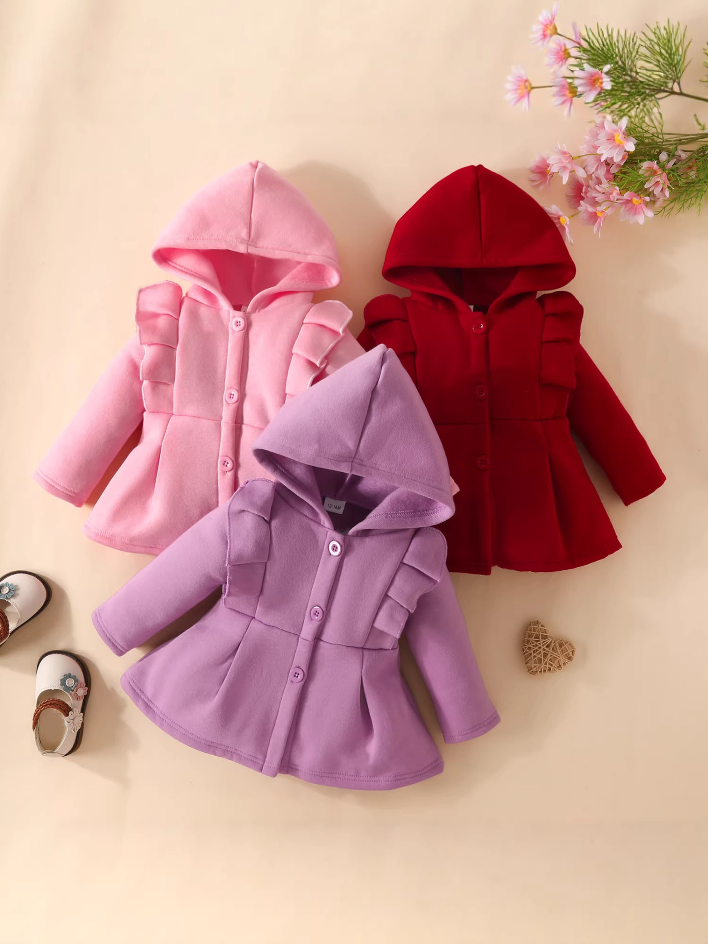 Cross-border autumn and winter baby girls' hooded single-breasted plain lace thickened long sleeve one-piece coat