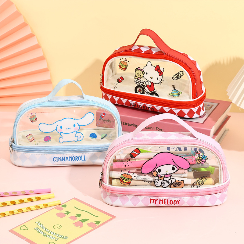 Cartoon Sanrio estuche para lápices estilo ins portátil de doble capa transparente de gran capacidad lindo bolso de papelería tridimensional Kulomi