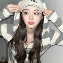 韩国东大门新品ins氛围感经典条纹连帽拉链T恤卫衣外套上衣