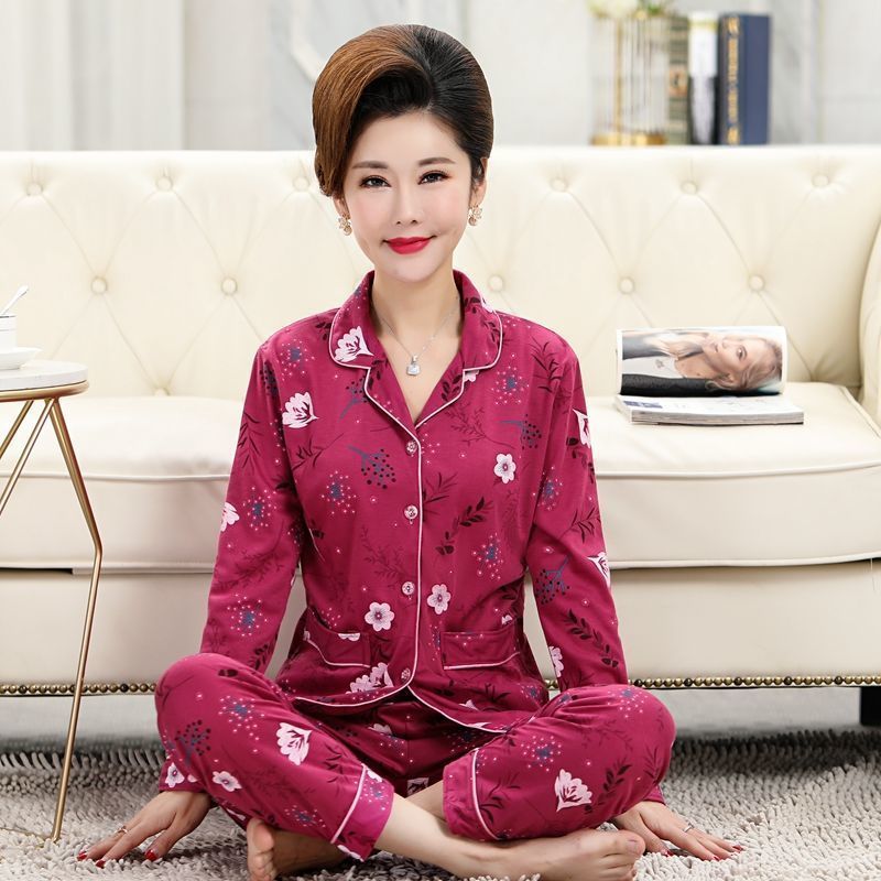 [Plus size] mamá de mediana edad y ancianos pijamas de manga larga de las mujeres de edad avanzada primavera y otoño ropa de hogar traje de Cardigan de verano