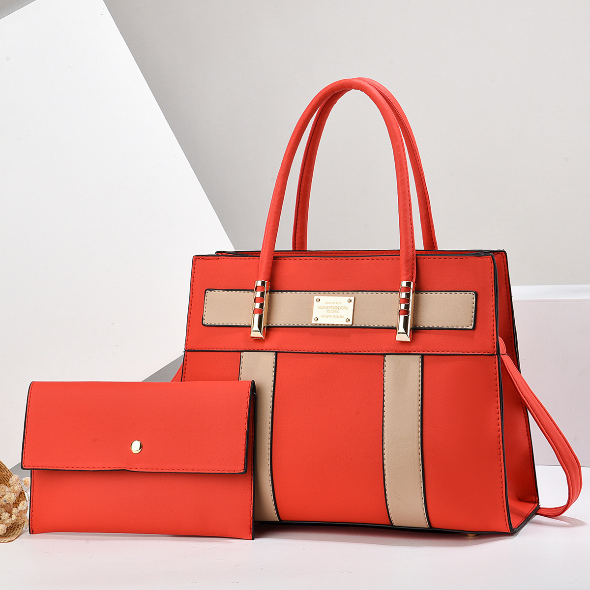 Top Handle Strap Type Bag Sets, Handbag Bags Type Daily Occasion Women's Bag New Trendy Patchwork Women's Tote Big Bag Fashion Color Contrast Large Capacity Two-Piece Set