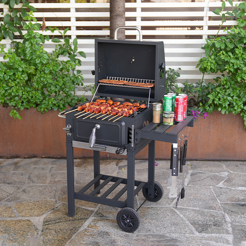 Exportación europea y americana pequeña parrilla de patio cuadrada horno de camping al aire libre horno de barbacoa multifuncional elevación de carbón barbacoa