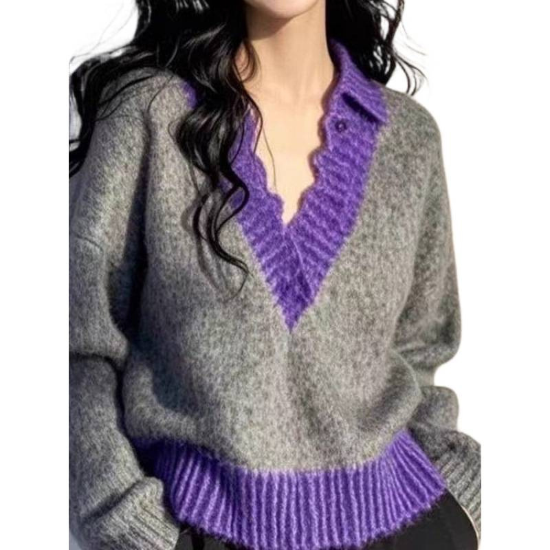 Corea del Sur usa suéter de cachemira de color contrastante para mujeres otoño e invierno engrosado diseño de viento perezoso sensación de cuello de tendencia personalidad jersey