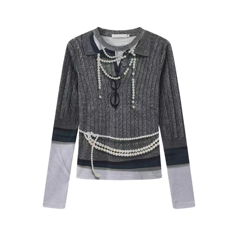 现货2025秋季新款趣味假两件3D印花珍珠打底衫长袖T恤 2530Z13726