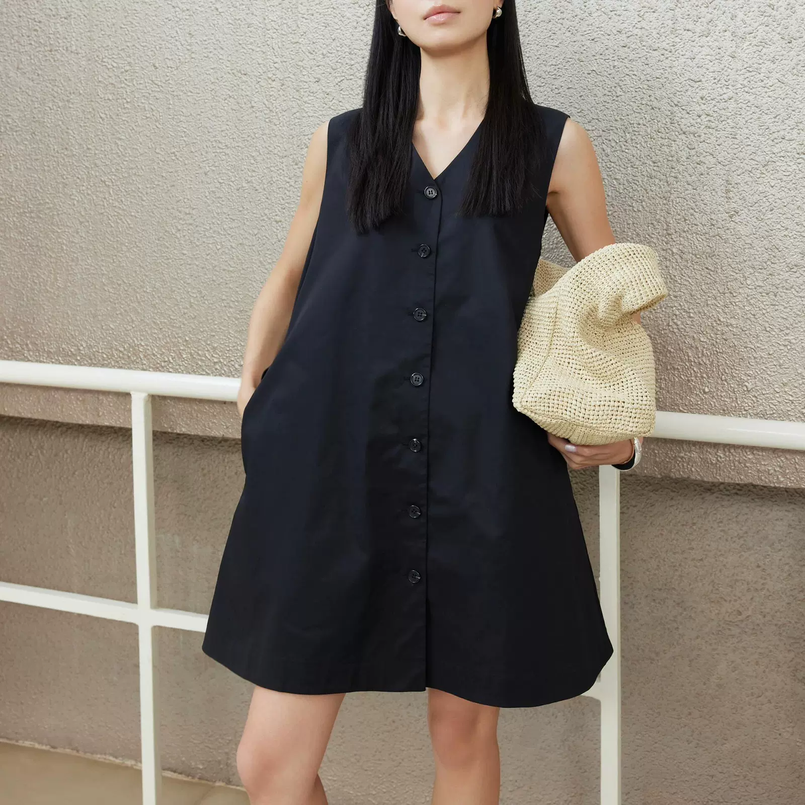 C家标准版型棉质小伞裙黑色无袖系带连衣裙25夏季新品 1283659001