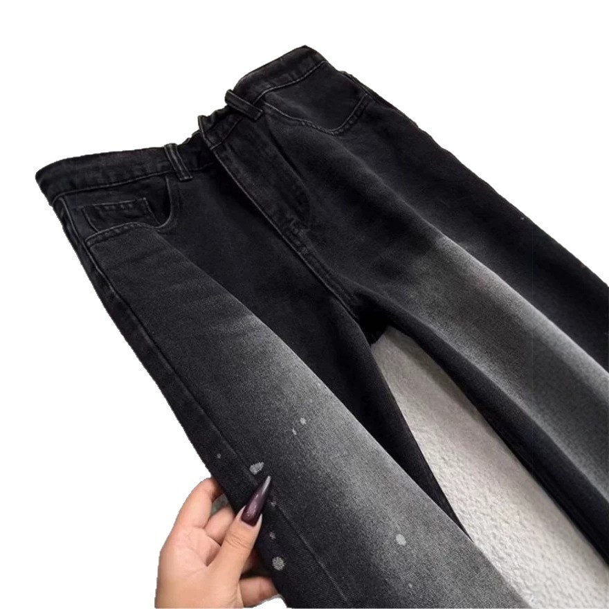 Men's Black Washed Denim Jeans Clean Fit Straight Leg Paint Splatter Print Vintage High Street Vibe Versatile Styling Base_voghion.com