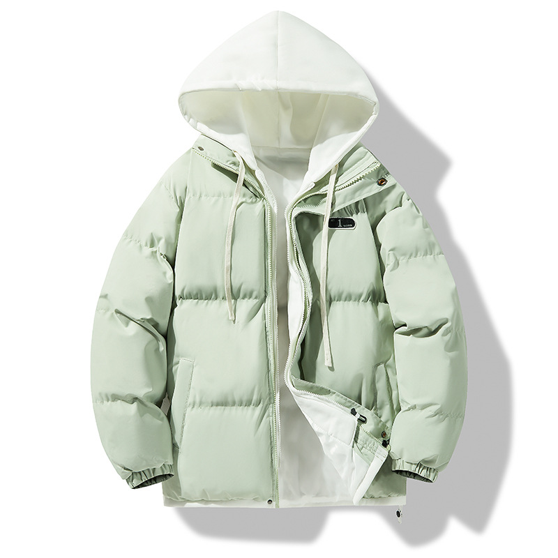 Falso de dos piezas de algodón encapuchado para hombres de invierno engrosado marca de tendencia nueva chaqueta de algodón cálida y suelta pareja joven