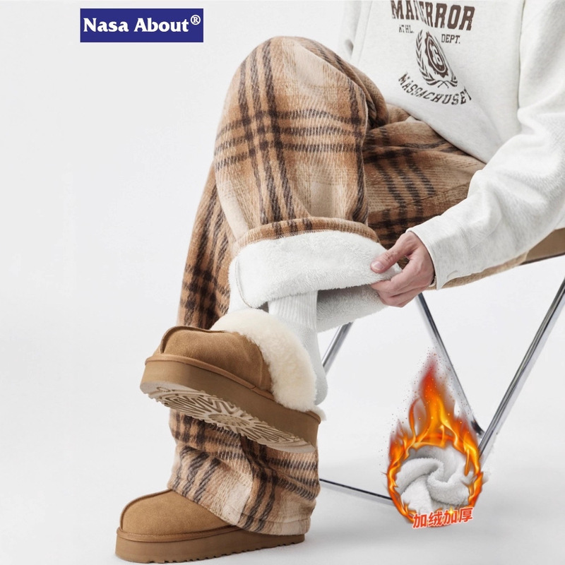 Nasa Arctic Fluff Plaid Casual Pants Men's Winter Loose Straight-Leg Winter Warm Ski Cotton Pants Sweatpants