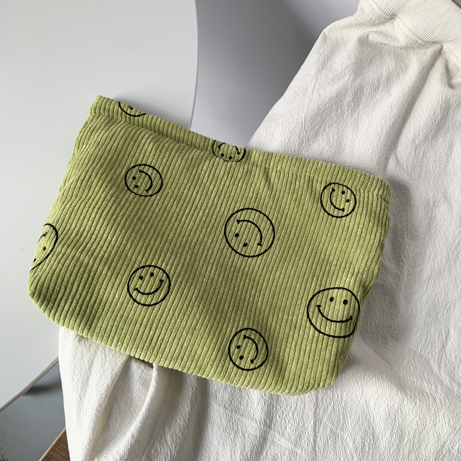 Bolsa de cosméticos de pana de lunares de lona transfronteriza, almacenamiento de cara sonriente, bolso de mano de lavado, llave, billetera móvil, estuche para lápices