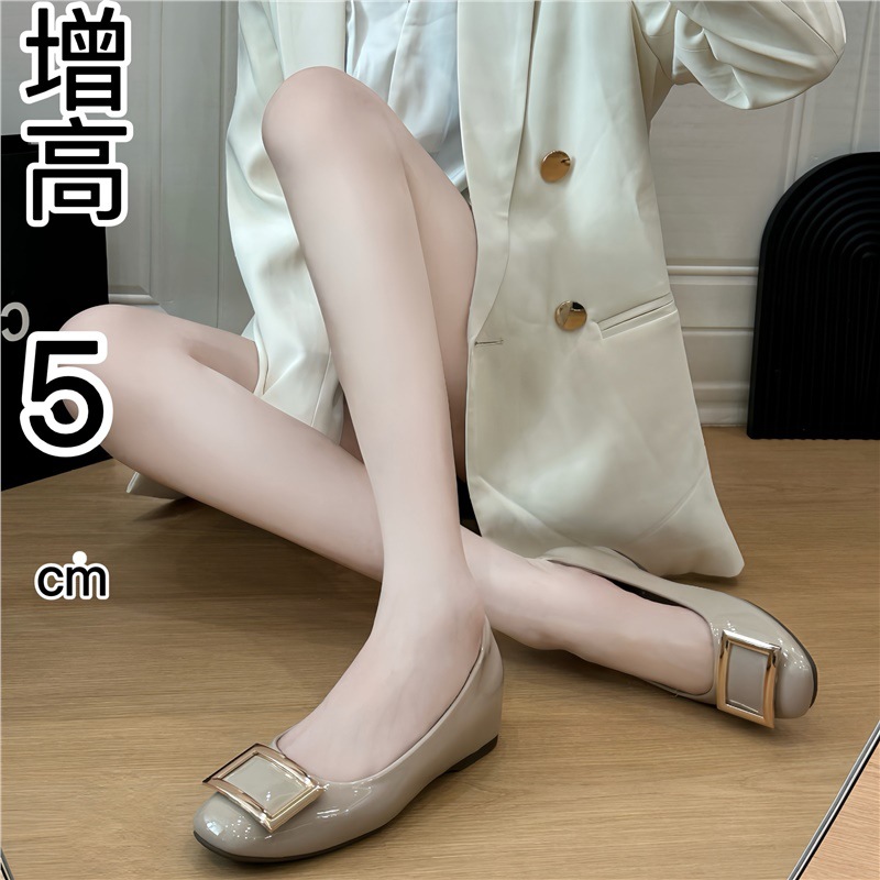 大象灰漆皮~经典方扣气质浅口内增高通勤百搭单鞋女