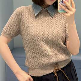 南油女装M家26早秋新款学院风牛仔领拼接短袖长袖针织开衫上衣女
