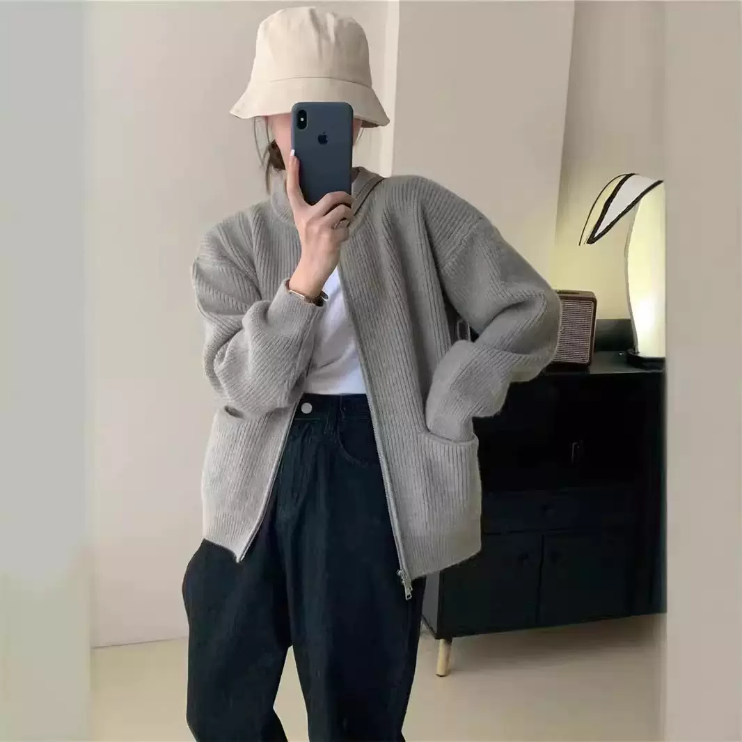 设计感双拉链针织衫女春秋季新款圆领糖果色开衫上衣外套女    潮