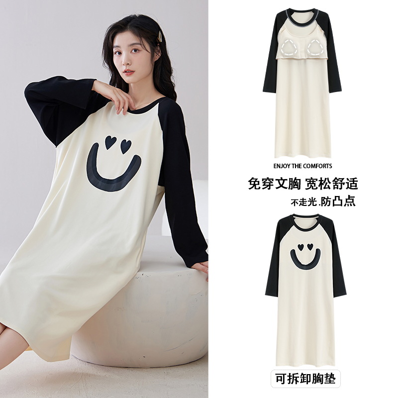 Camisón de las mujeres con almohadilla en el pecho verano primavera y otoño algodón manga larga delgada nuevo leopardo pijamas de algodón de las mujeres desgaste del hogar