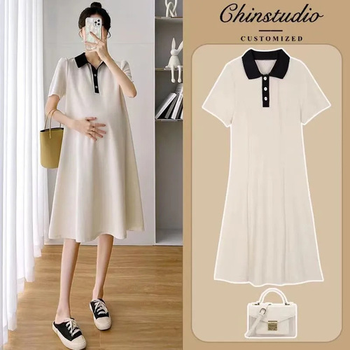 Maternity dress summer dress short-sleeve polo collar maternity summer short-sleeve maternity skirt Korean style loose