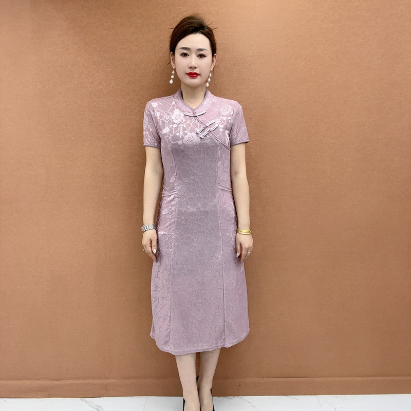 Dropshipping Improved Cheongsam Women's Short Sleeve Summer New Elegant Temperament Mom's Jacquard Cheongsam Dress