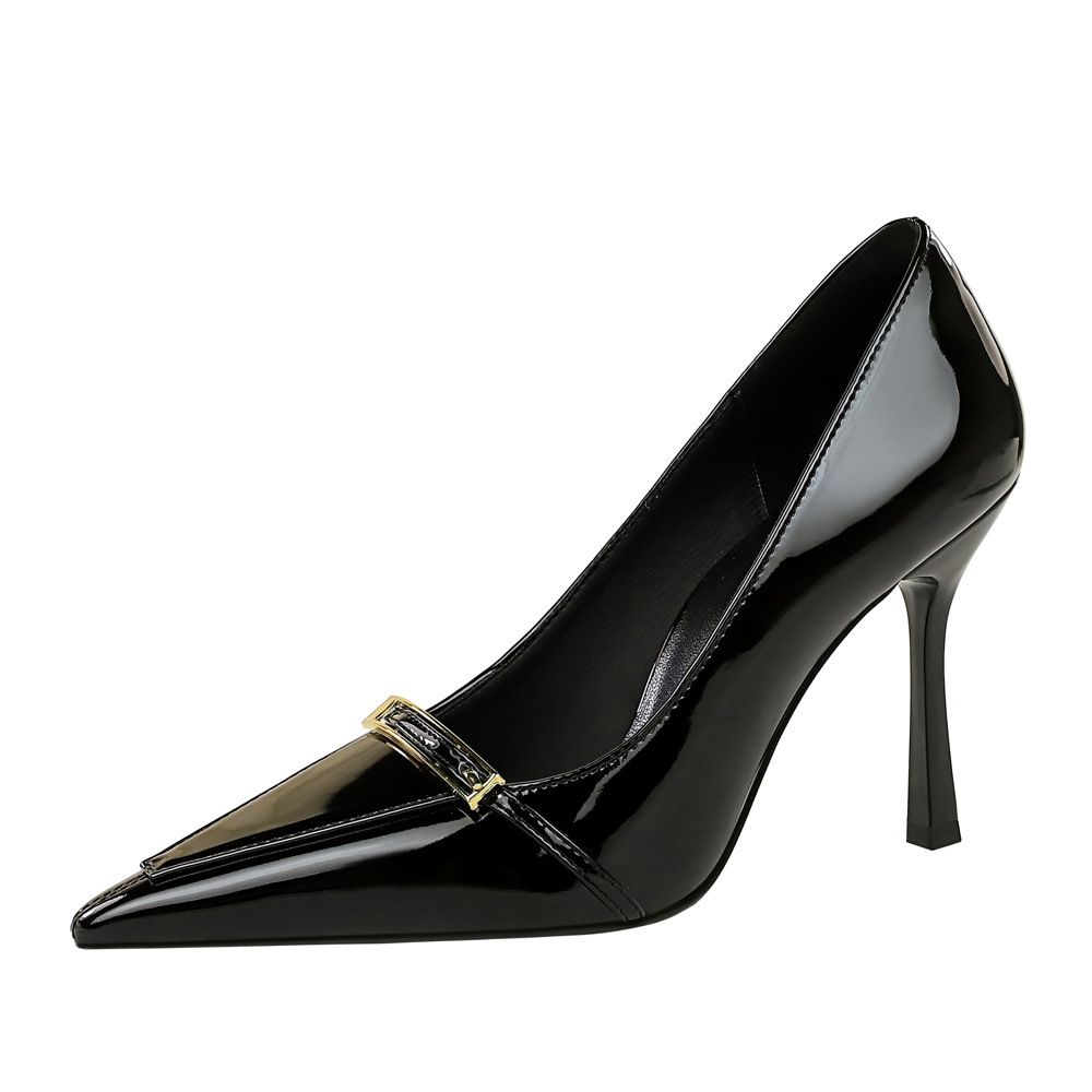 1619-7 Korean Style Sexy Party High Heels Metal Buckle Pointed Toe Shallow Mouth Stiletto Women's Shoes Professional_vogvips.com
