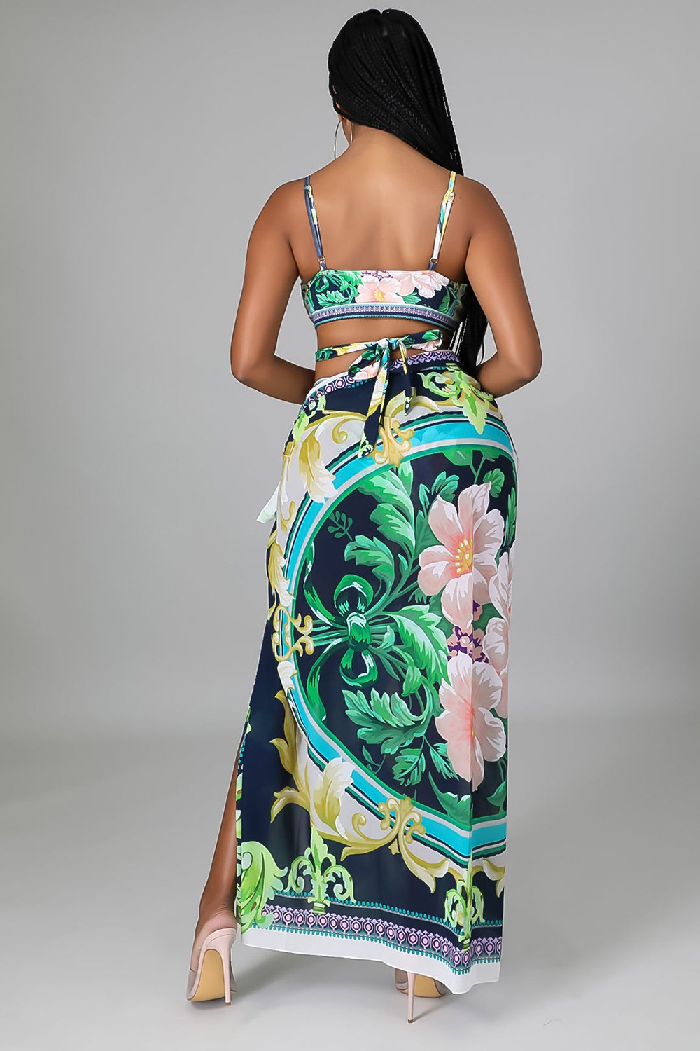 printed split with slit skirt three-piece bikini set NSYMS129280