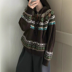 韩系2025早秋新款复古美拉德风连帽撞色毛衣女费尔岛提花软糯帽衫
