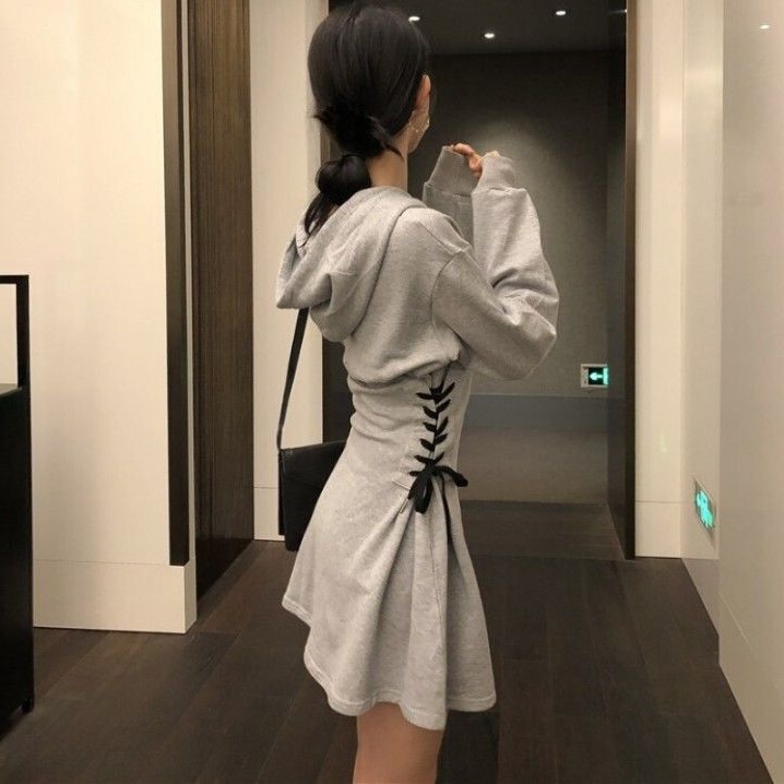 Spring and Autumn New Korean Style Hong Kong Style Fashionable Side Strap Long-Sleeved Design Waist Hooded Sweatshirt Dress for Women