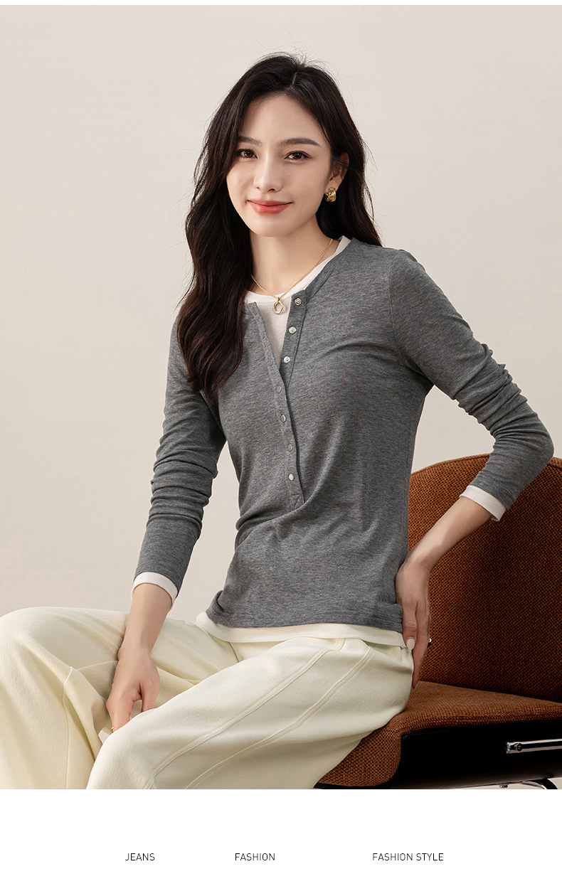 Áo thun giả hai mảnh nữ cổ tròn, chất len Tencel mỏng nhẹ, phối màu patchwork — đen chi tiết 24