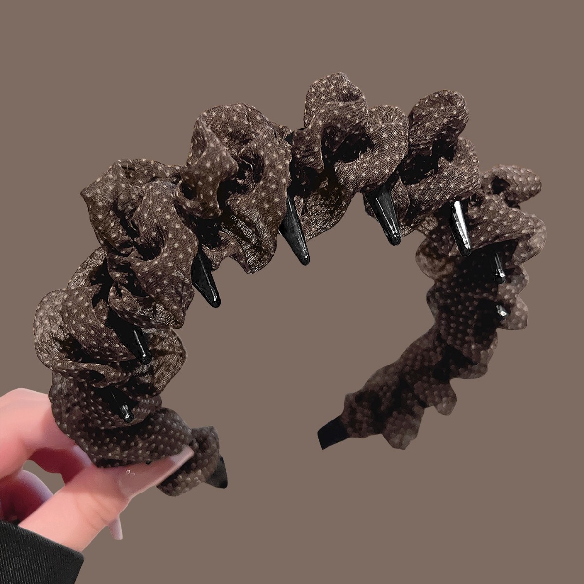 Brown chiffon polka dot pleated headband