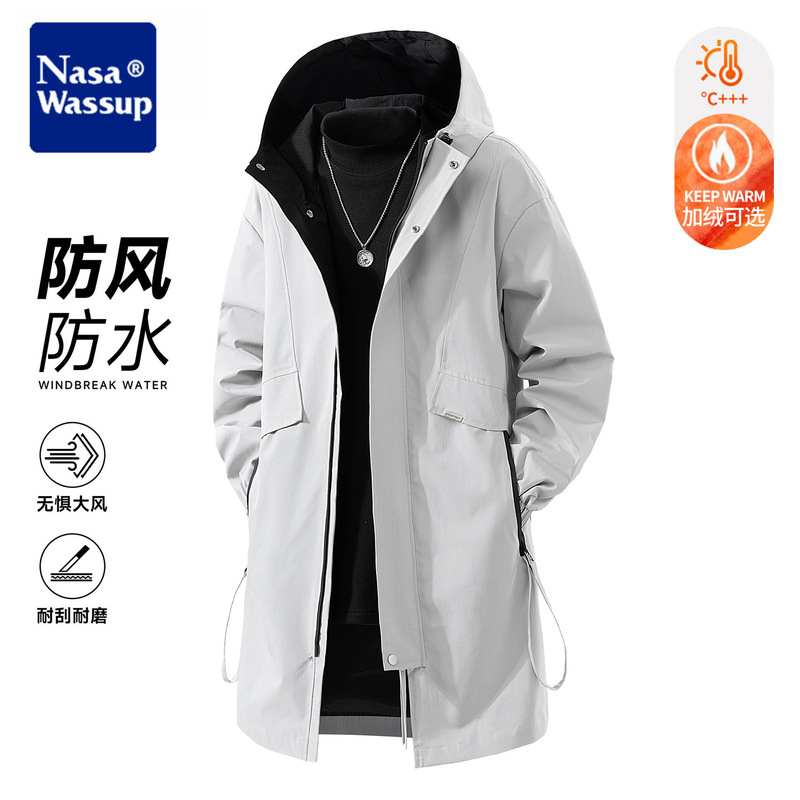 NASA oversized windbreaker, men's fleece-lined autumn/winter new style, trendy hooded windproof casual mid-length jacket for teenagers