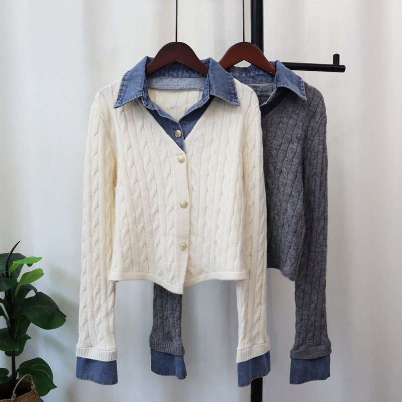 Women's Clothing Spliced denim two piece knitted cardigan autumn and winter new chic design temperament sweater jacket _voghion.com