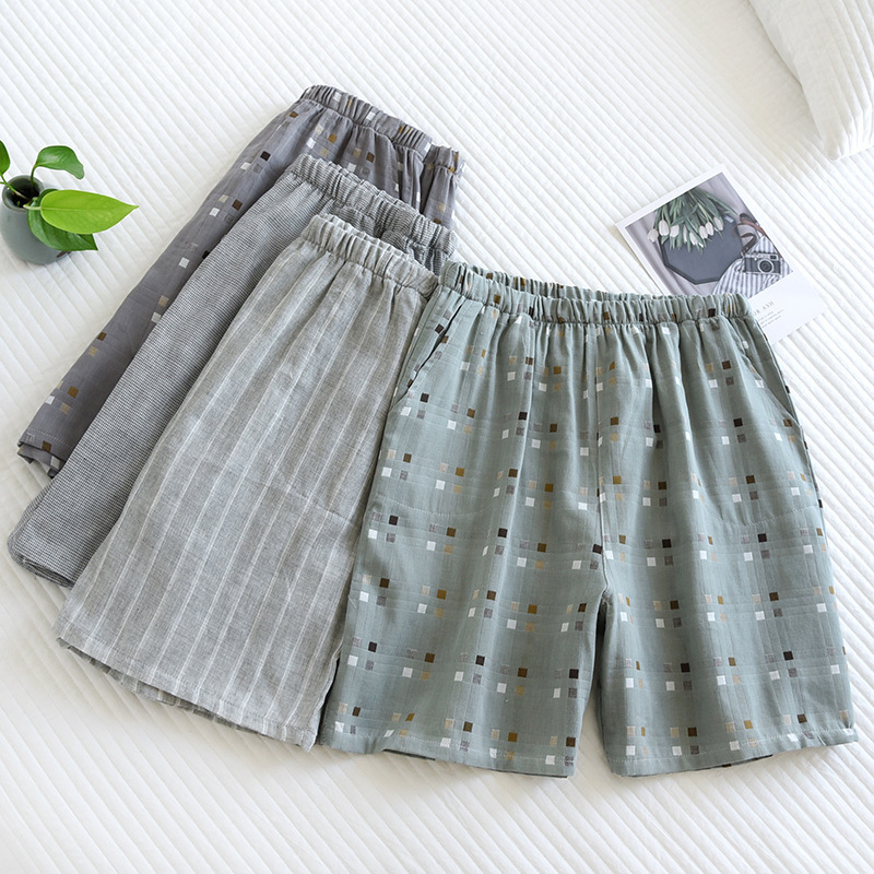 Cotton Gauze Men's Pajama Pants Summer All Cotton Double Gauze Shorts Japanese Plaid Beach Pants Casual Half Pants