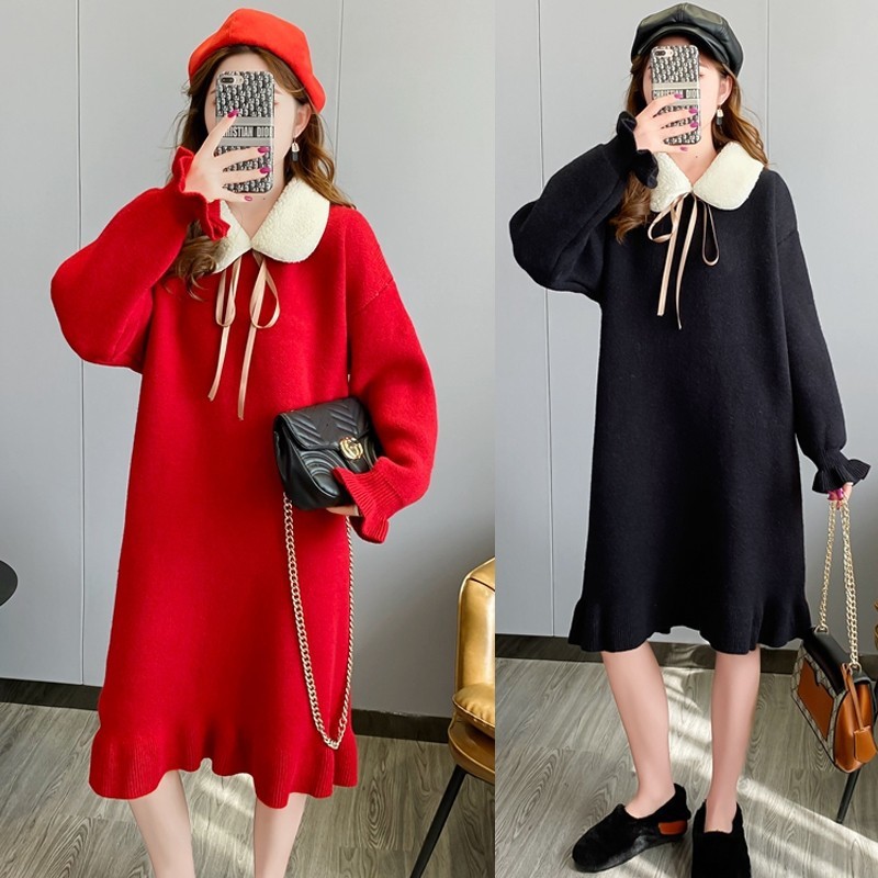 서양식 임산부복 가을 겨울 드레스 정장 유행 새로운 가을 겨울 두꺼운 스웨터 상의 중간 및 긴 스타일 트렌디