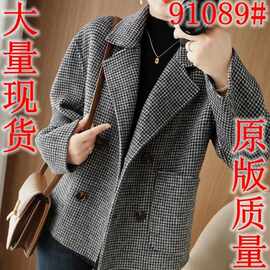 新品 千鸟格呢子大衣女短款格子毛呢外套