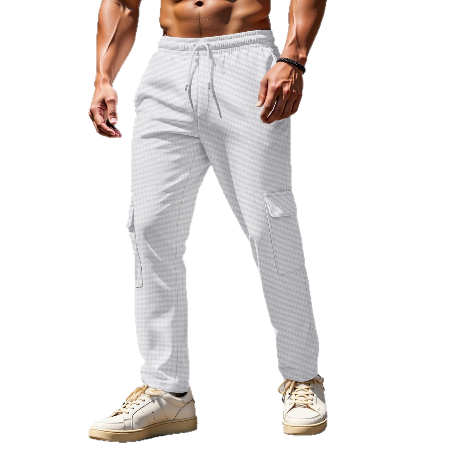 Men's Big & Tall Waffle Knit Cargo Pants - Breathable, Multi-Pocket, Straight Leg Workwear For Outdoor & Casual Wear (White, Gray, Black, Khaki, Navy)_voghion.com