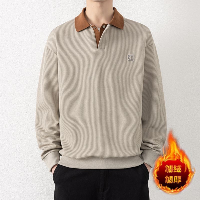 High-End Lapel Sweatshirt for Men in Autumn and Winter Trendyy Loose Polo Shirt Long-Sleeved T-Shirt with Collared Bottoming Shirt