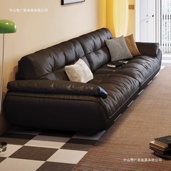 Yunduo 本革ソファ フレンチレトロデザイナー 3人掛けソファ リビングルーム 小型アパートメント シンプルな直列セーリングウッド