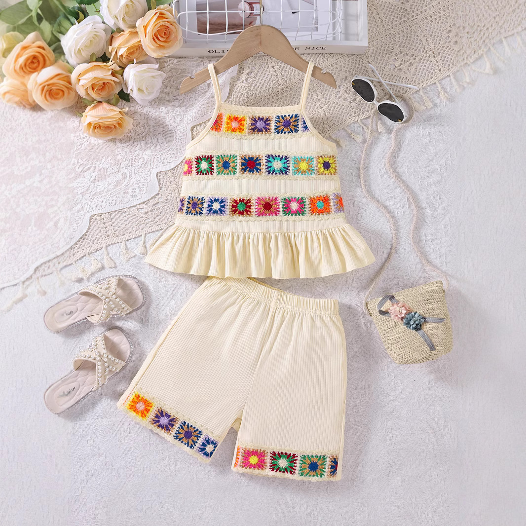 European and American New Summer Girls' Outfit, Toddler Colorful Crochet Strap Skirt and Shorts Two-Piece Children's Clothing Short Set