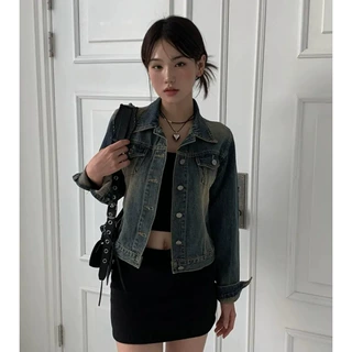 现货 韩国ins立领水洗工装风夹克阔版短款牛仔外套上衣女秋17329