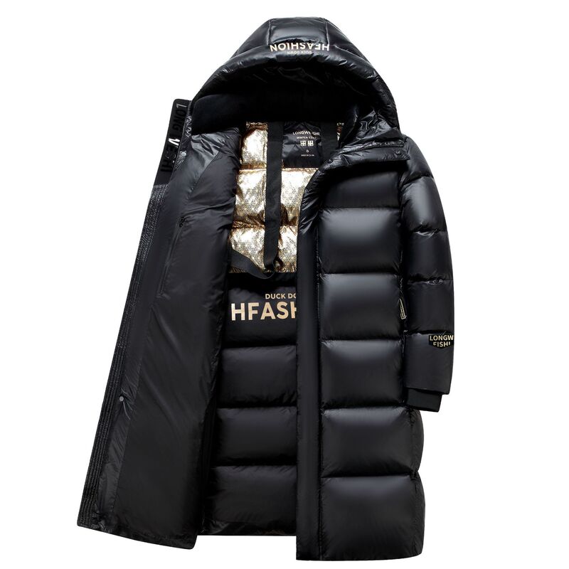 2026 New Long Black and Gold down Jacket, Thickened Men's and Unisex Couple Style Coat, Warm Over-The-Knee Style