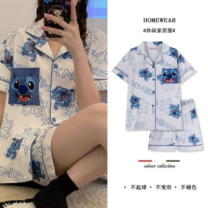 Transfronterizo 180g pijamas de algodón de imitación para mujer rebeca de verano traje de pantalones cortos de manga corta traje de ropa para el hogar de dibujos animados lindo de algodón