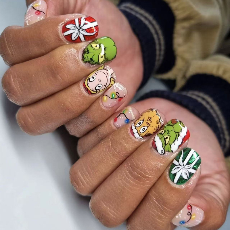 Christmas Short Square Cute Cartoon Grinch Christmas Gift Design Wear Nail Art Patch Fake Nail Nail Pieces