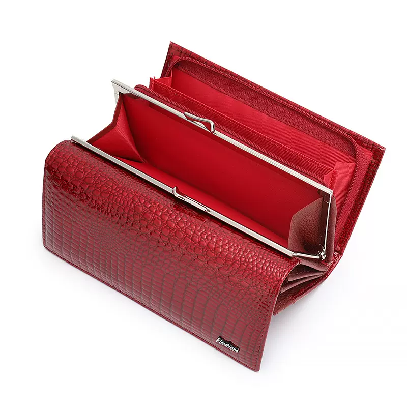 外贸热卖欧美女士全真皮钱包漆皮鳄鱼纹高级感手拿包大容量多功能