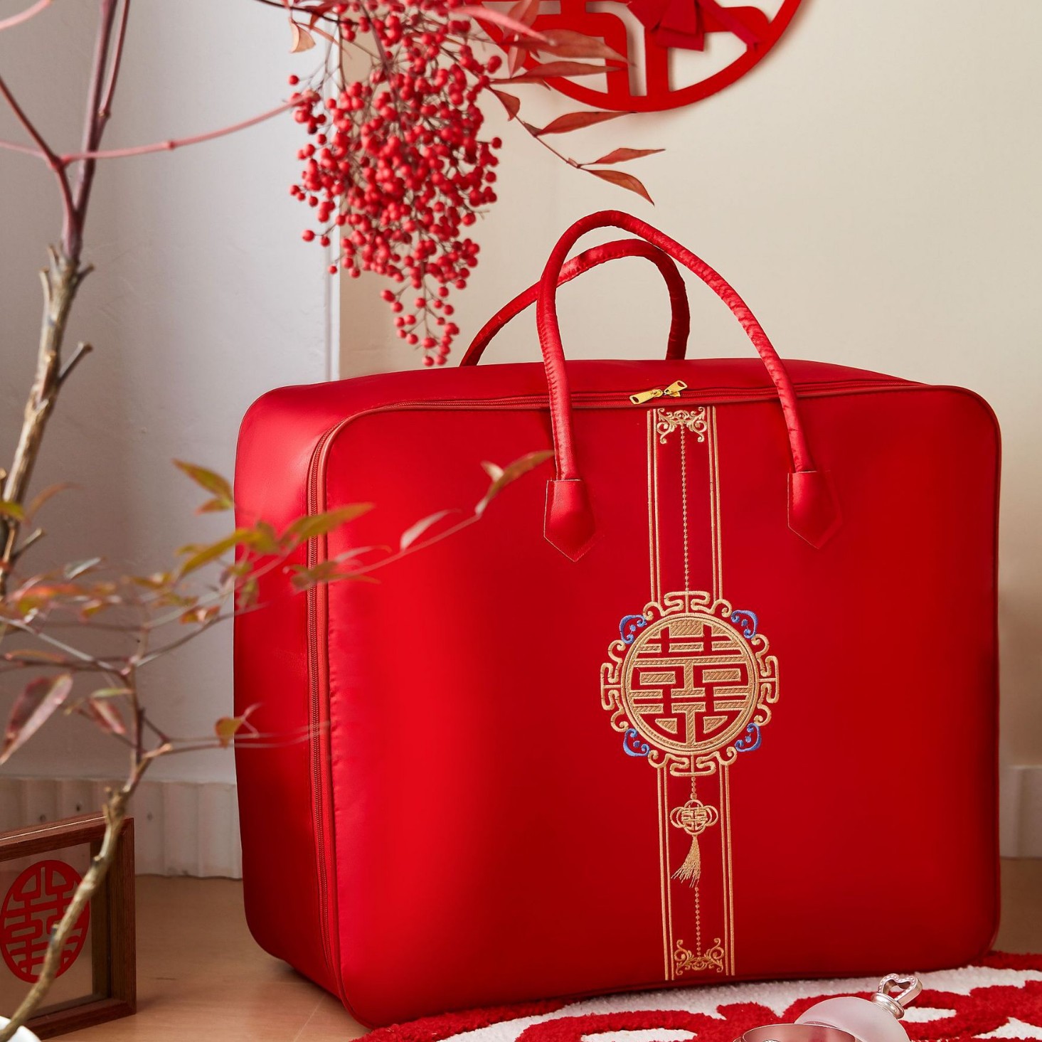 结婚喜被袋子陪嫁毛毯四件套手提袋蚕丝被羽绒被牛津布收纳袋喜庆