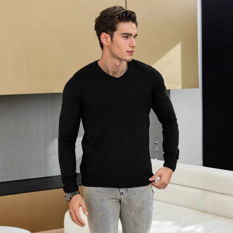 Men's Cross-Border V-Neck Long-Sleeve Knit Sweater Base Layer Top Wool Sweater Slim Fit Casual Versatile Urban