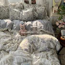 床上四件套碎花宿舍床上三件套床裙花边纯棉床单法式复古被套森系