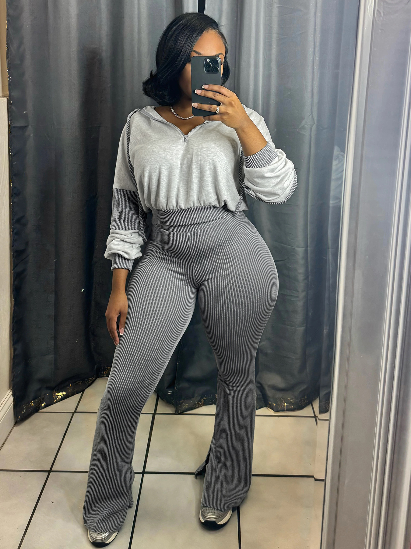 Women Clothing Twist Strip Sweater Stitching Hooded Bell Bottom Pants Two Piece Sets